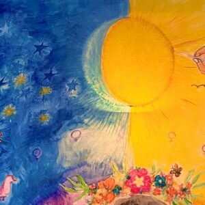 Ein gemaltes Bild, links dunkelblauer Himmel mit Sternen, rechts gelbe Fläche mit Sonne, unten im Bild sin Blumen und Schmetterlinge zu sehen.