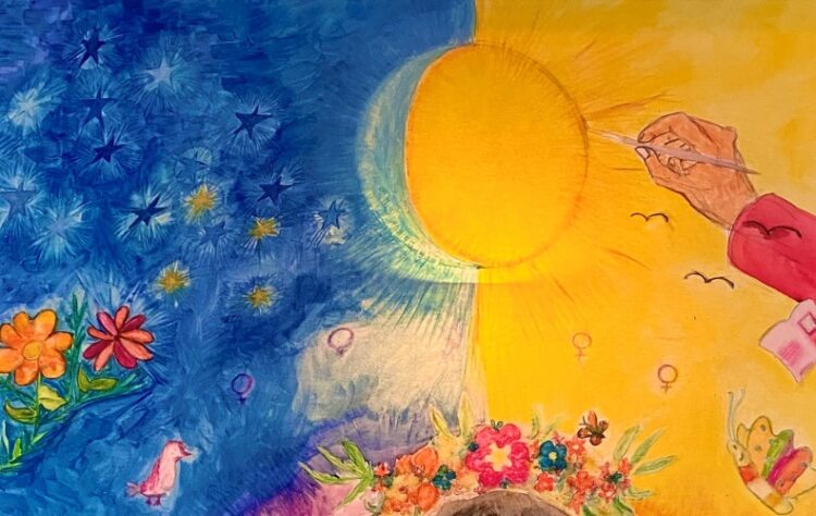Ein gemaltes Bild, links dunkelblauer Himmel mit Sternen, rechts gelbe Fläche mit Sonne, unten im Bild sin Blumen und Schmetterlinge zu sehen.