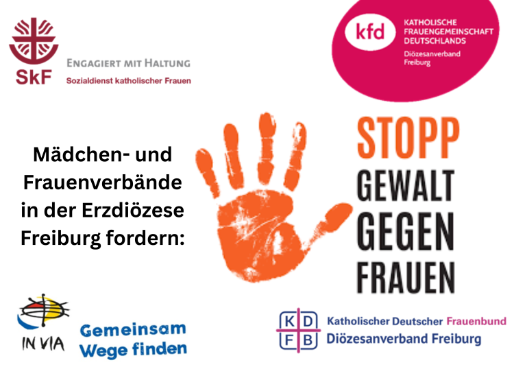 Schrift mit dem Zusatz: Mädchen- und Frauenverbände in der Erzdiözese Freibug fordern: Stopp Gewalt gegen Frauen - und Logos der vier Frauenverbände